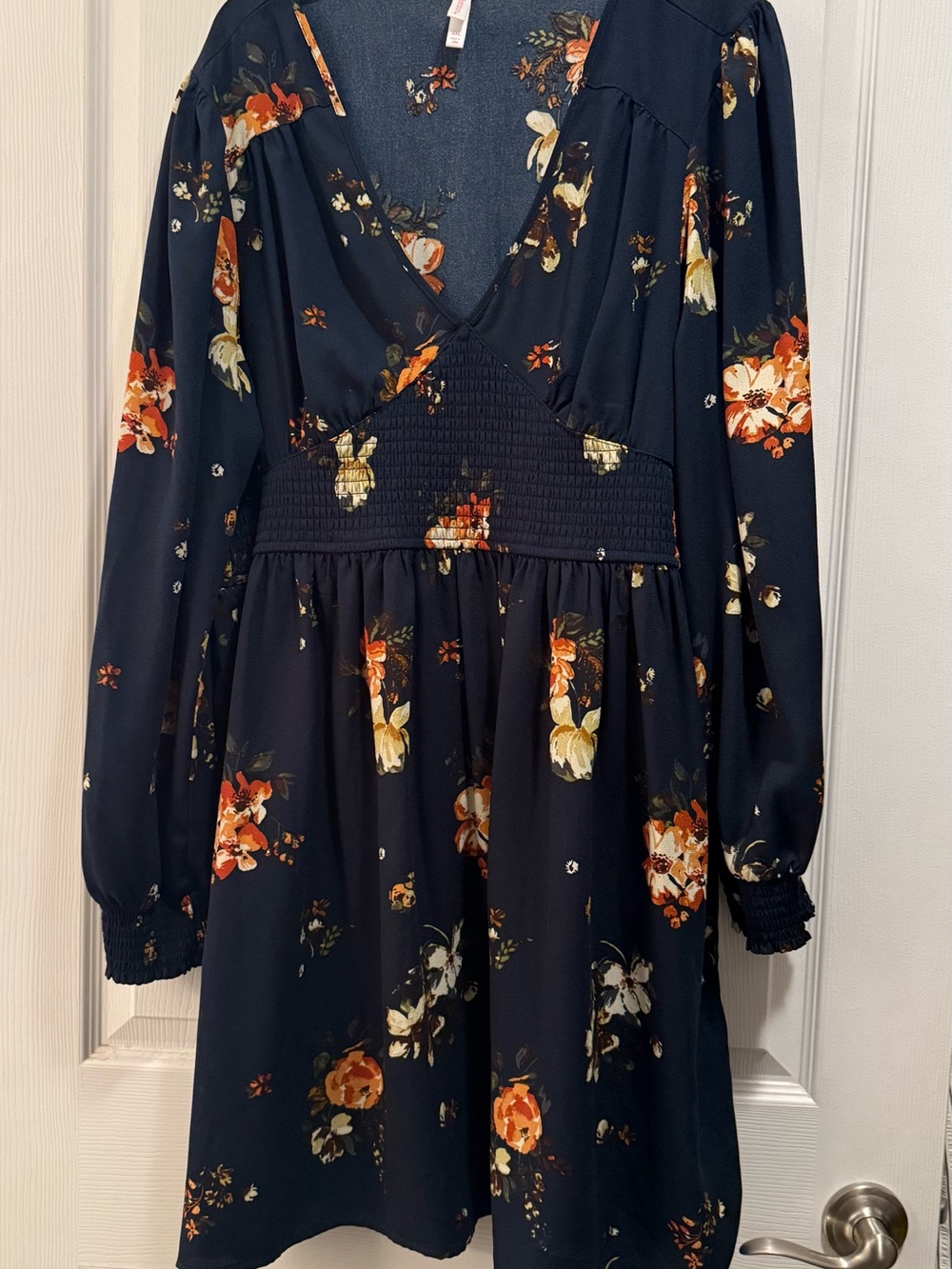Xhilaration Navy Floral Long-Sleeve V-Neck Dress with Orange and Cream Blooms